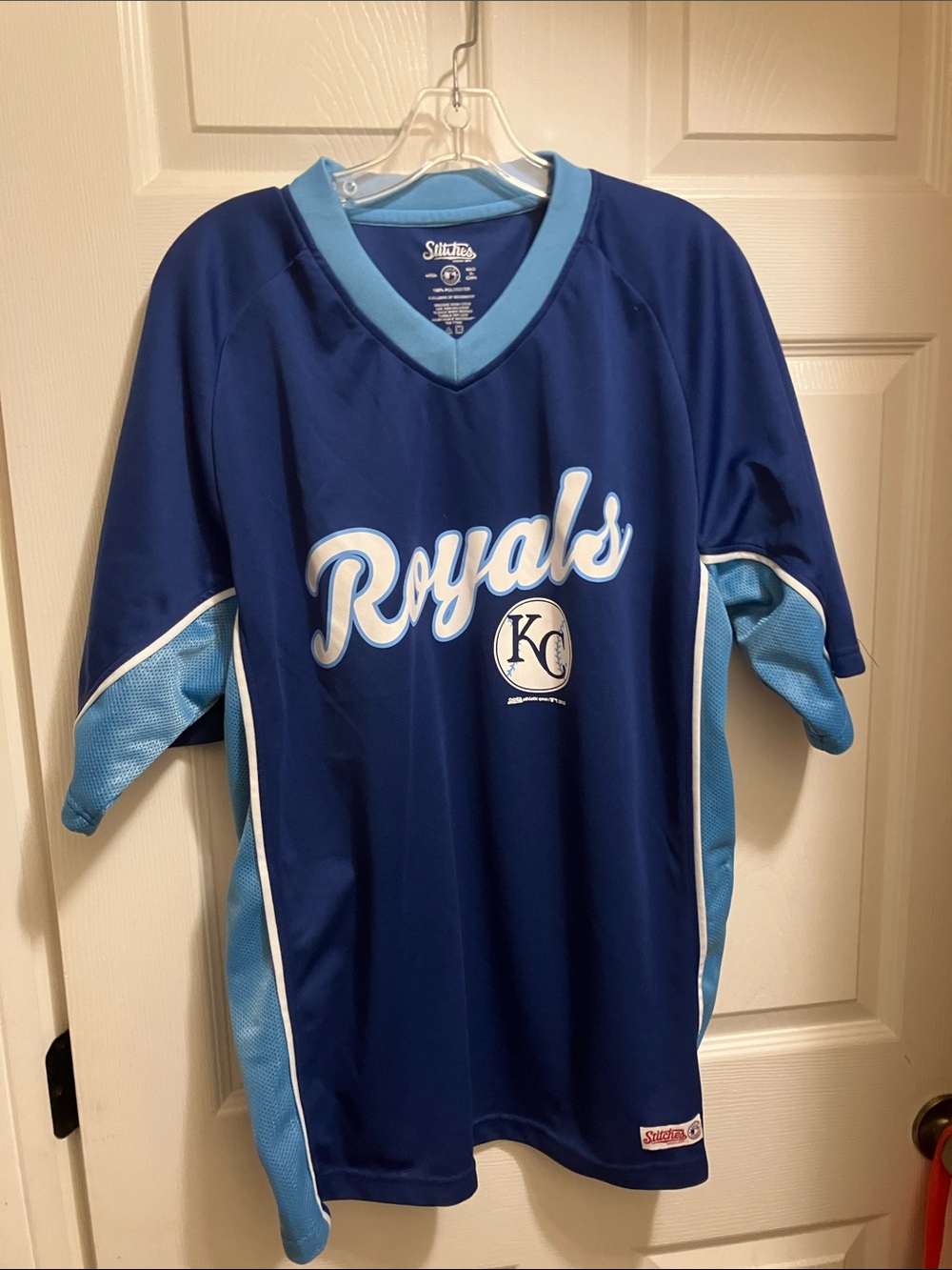 Stitches Blue Royals KC Script Kids Short Sleeve Jersey